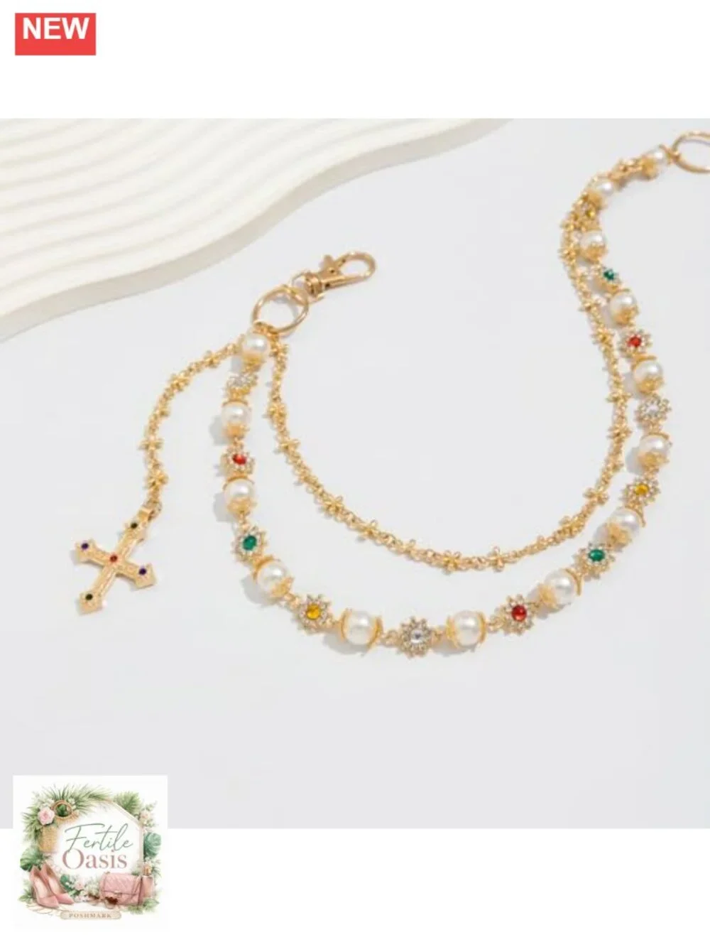 Layered Wallet Chain Pants Chain Rhinestone Flower Pearl Jean Pocket Chain